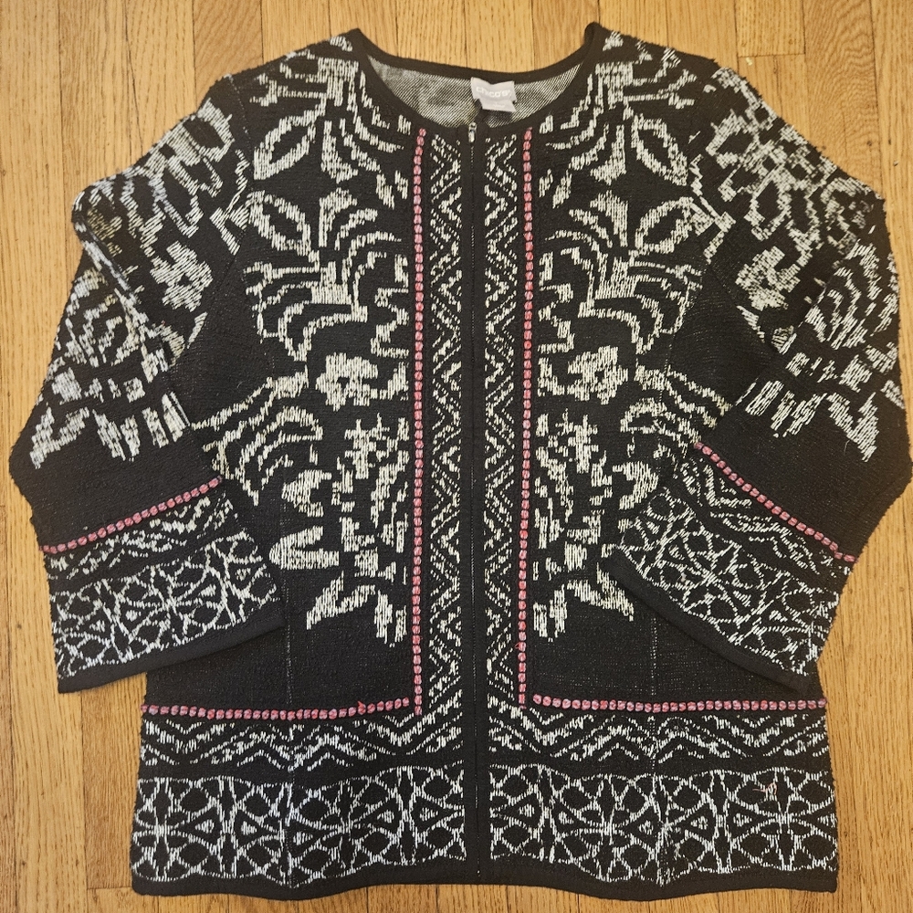 Chicos Floral Print Structured Jacquard Cardigan. Size 1 - Picture 1 of 7